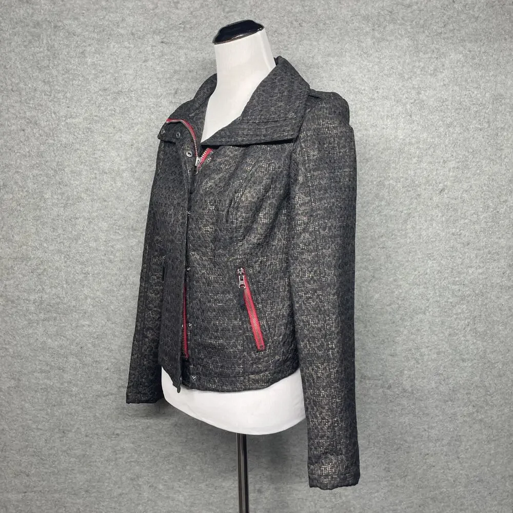 FP We The Free Moto Jacket Sz 4 Textured Tweed Grey Red Zip Edgy Biker Cool Girl